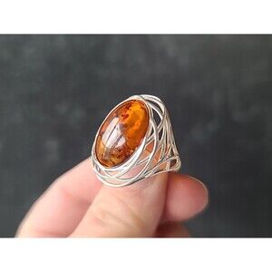 925 Sterling Silver Faux Amber Statement Ring Size US 8.5 Vintage